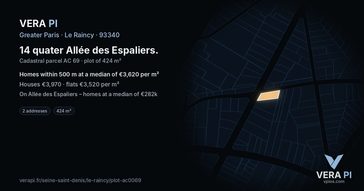 14 quater Allée des Espaliers, Le Raincy at night – the plot lit, the parcels around coloured by the prices near them