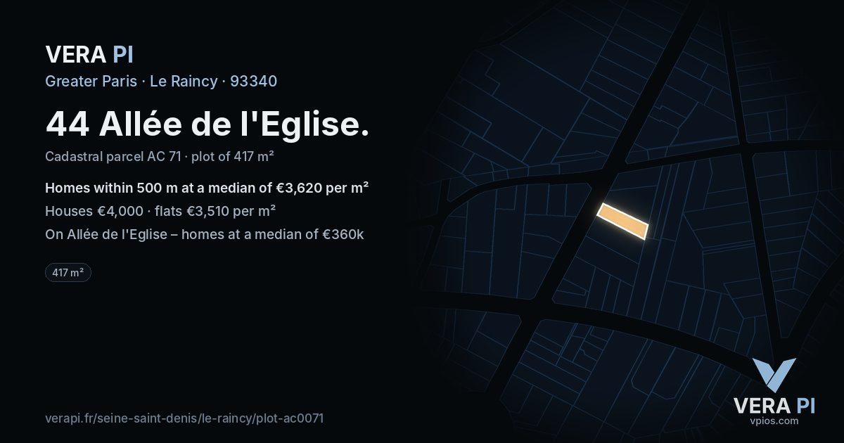 44 Allée de l'Eglise, Le Raincy at night – the plot lit, the parcels around coloured by the prices near them