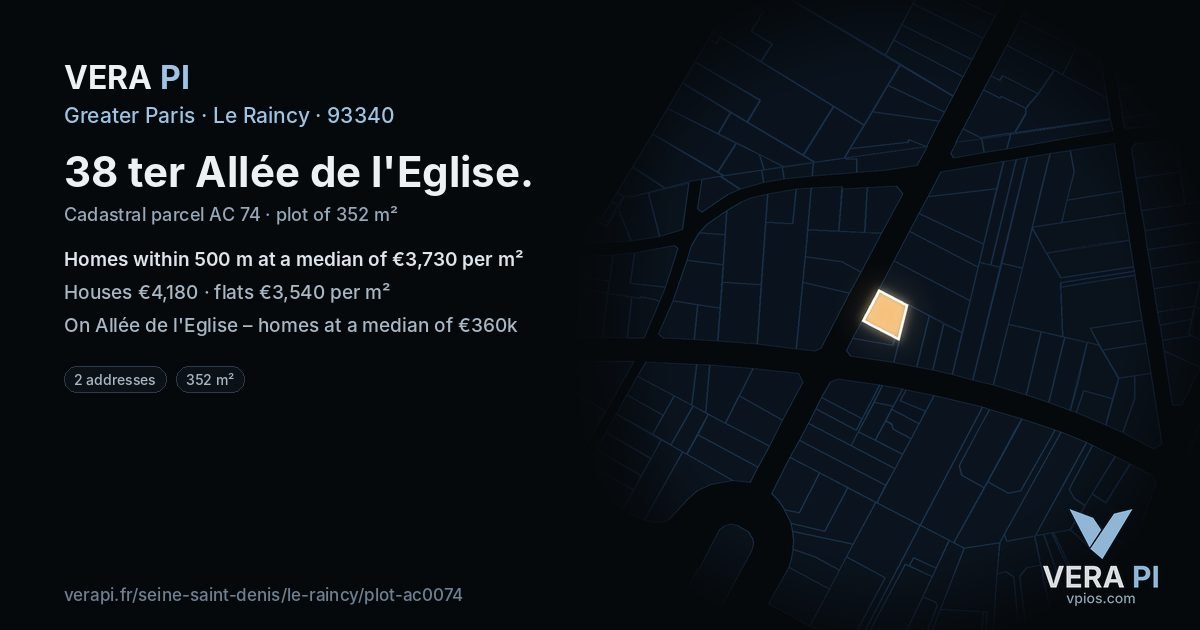 38 ter Allée de l'Eglise, Le Raincy at night – the plot lit, the parcels around coloured by the prices near them