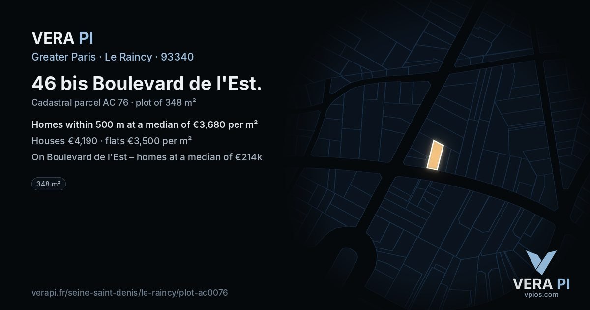 46 bis Boulevard de l'Est, Le Raincy at night – the plot lit, the parcels around coloured by the prices near them