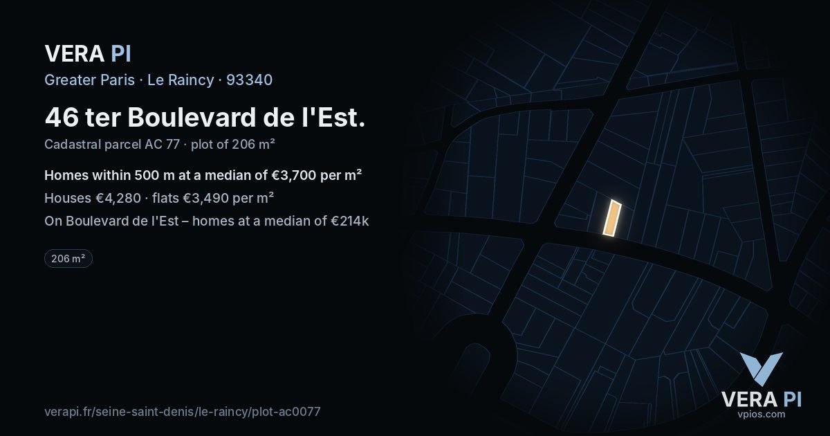 46 ter Boulevard de l'Est, Le Raincy at night – the plot lit, the parcels around coloured by the prices near them