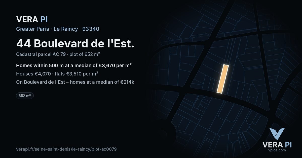44 Boulevard de l'Est, Le Raincy at night – the plot lit, the parcels around coloured by the prices near them