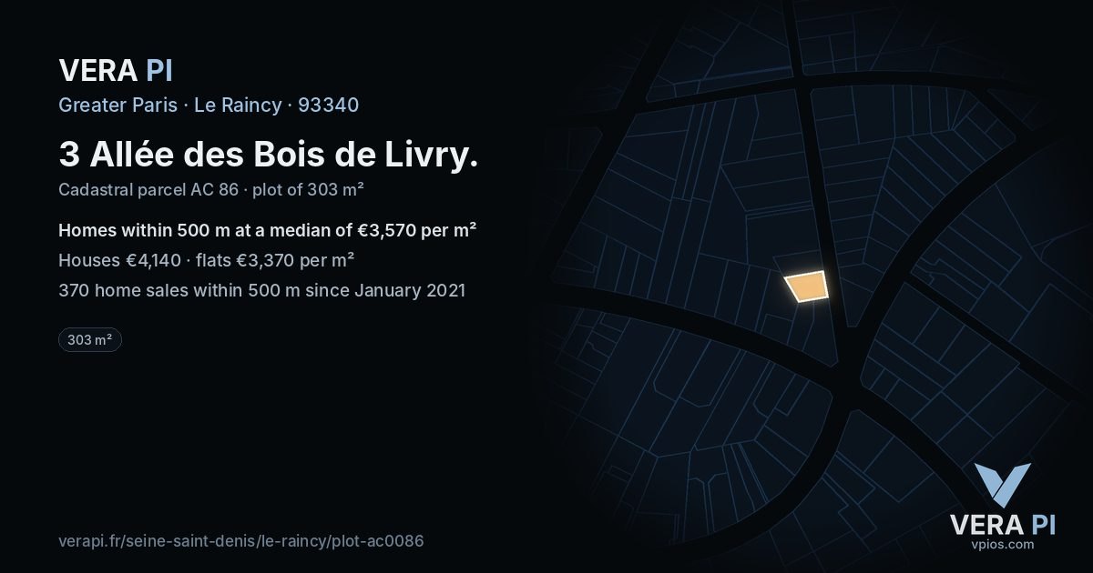 3 Allée des Bois de Livry, Le Raincy at night – the plot lit, the parcels around coloured by the prices near them