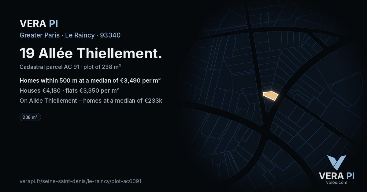 19 Allée Thiellement, Le Raincy at night – the plot lit, the parcels around coloured by the prices near them