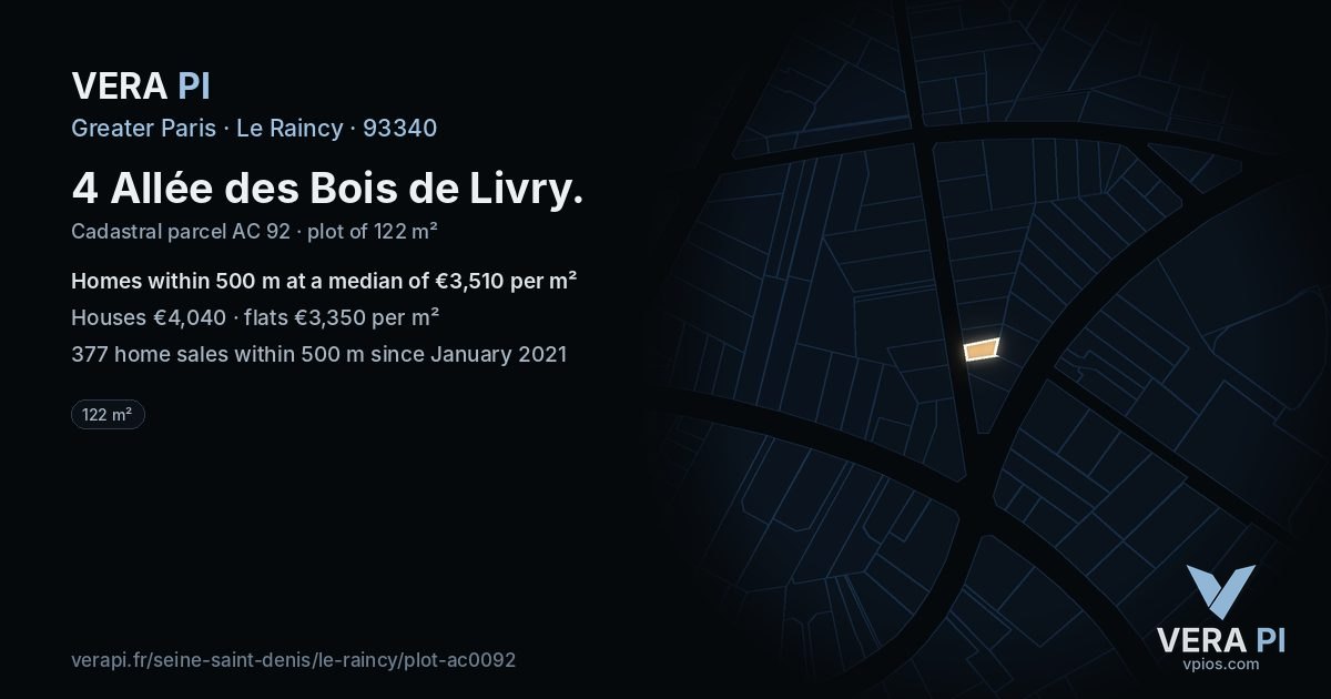 4 Allée des Bois de Livry, Le Raincy at night – the plot lit, the parcels around coloured by the prices near them