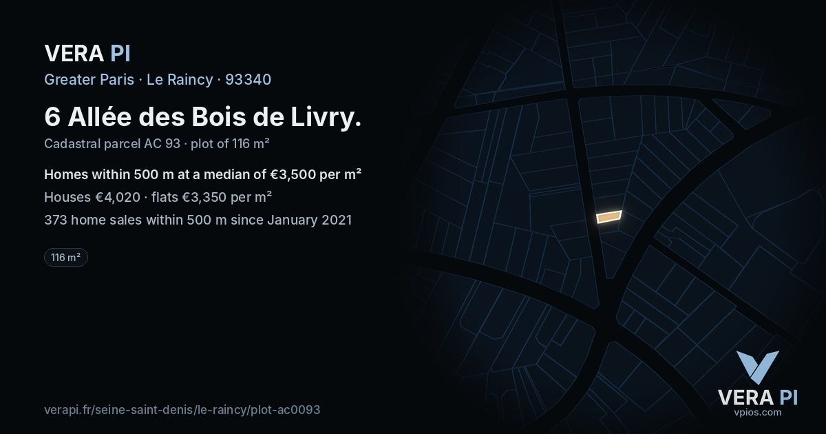 6 Allée des Bois de Livry, Le Raincy at night – the plot lit, the parcels around coloured by the prices near them