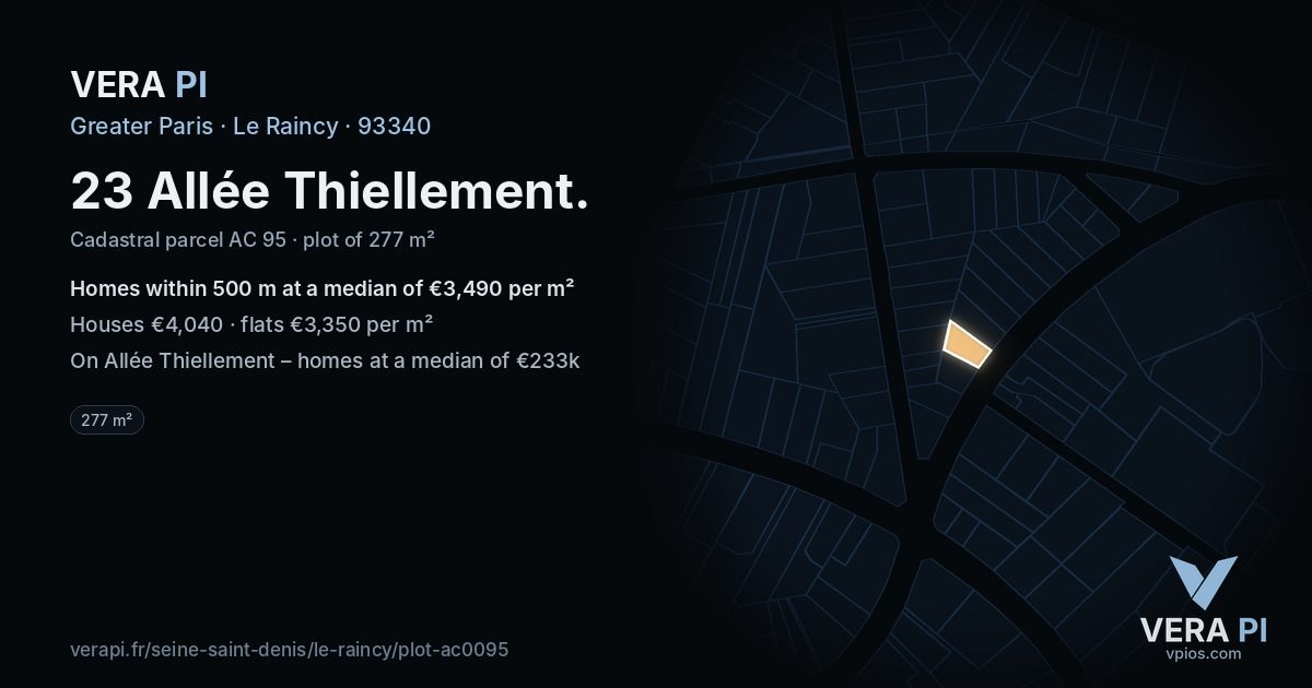 23 Allée Thiellement, Le Raincy at night – the plot lit, the parcels around coloured by the prices near them