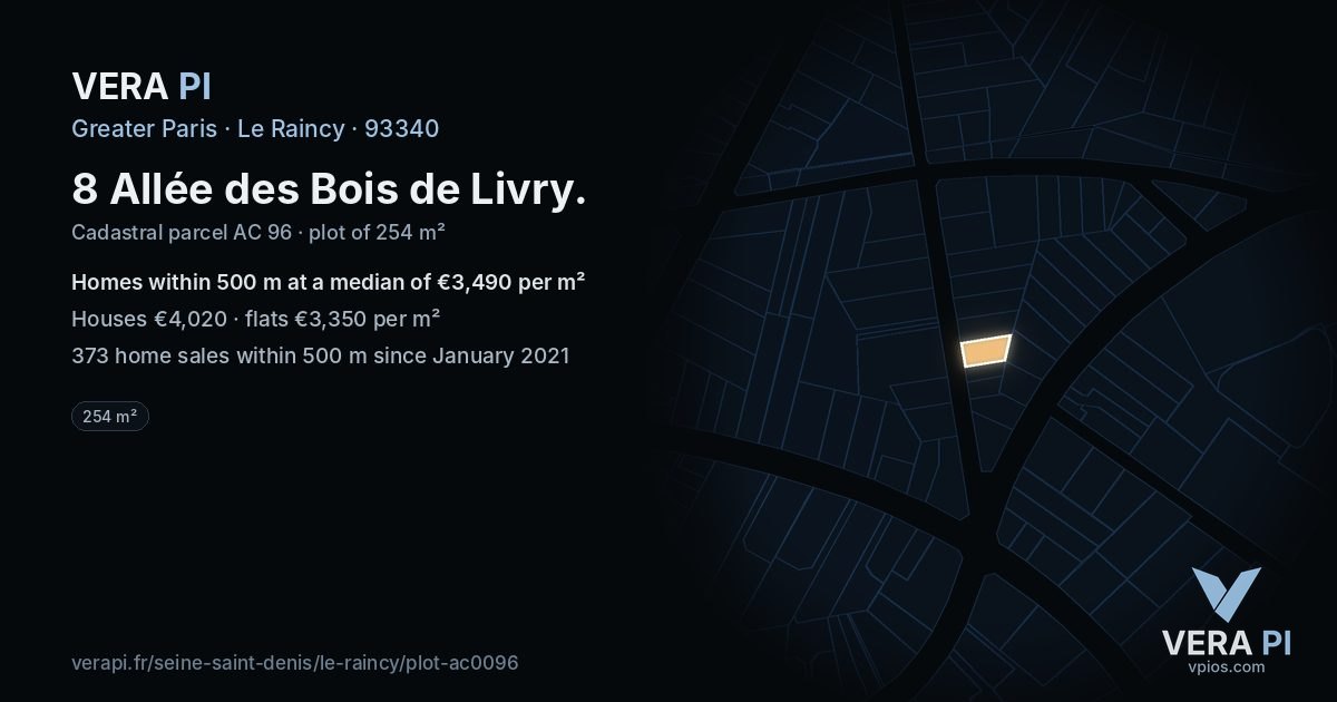 8 Allée des Bois de Livry, Le Raincy at night – the plot lit, the parcels around coloured by the prices near them