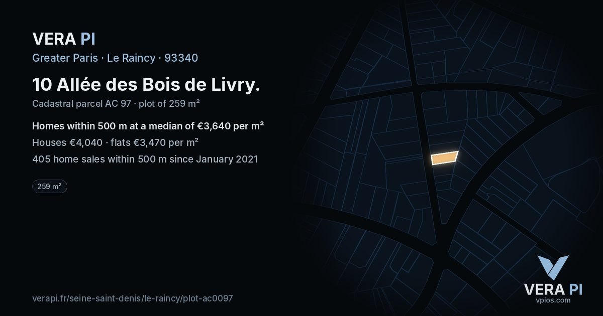 10 Allée des Bois de Livry, Le Raincy at night – the plot lit, the parcels around coloured by the prices near them