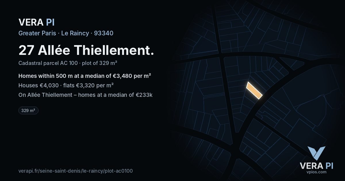27 Allée Thiellement, Le Raincy at night – the plot lit, the parcels around coloured by the prices near them
