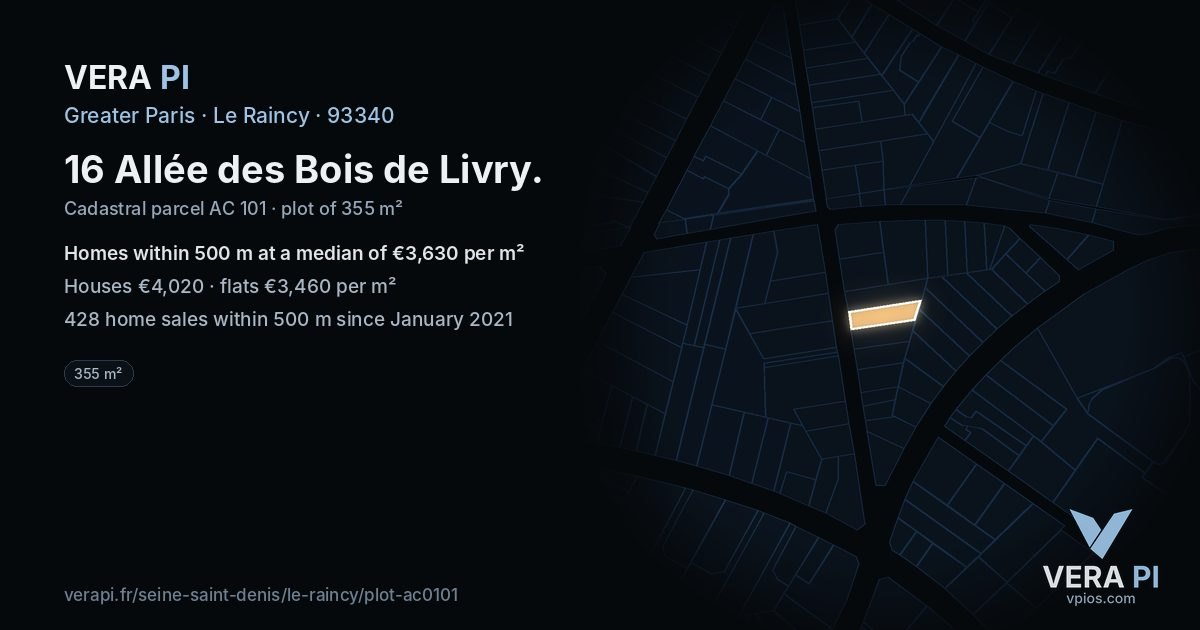 16 Allée des Bois de Livry, Le Raincy at night – the plot lit, the parcels around coloured by the prices near them