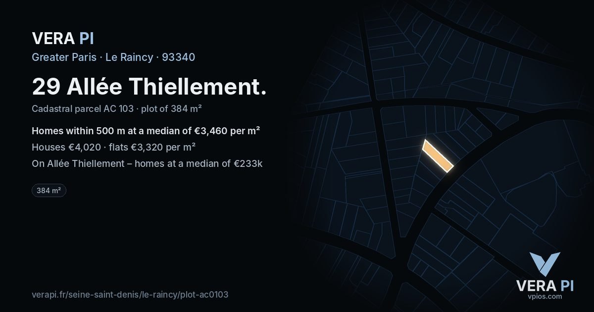 29 Allée Thiellement, Le Raincy at night – the plot lit, the parcels around coloured by the prices near them