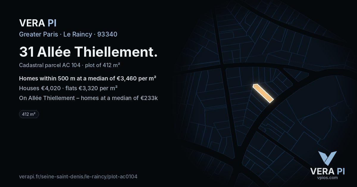 31 Allée Thiellement, Le Raincy at night – the plot lit, the parcels around coloured by the prices near them