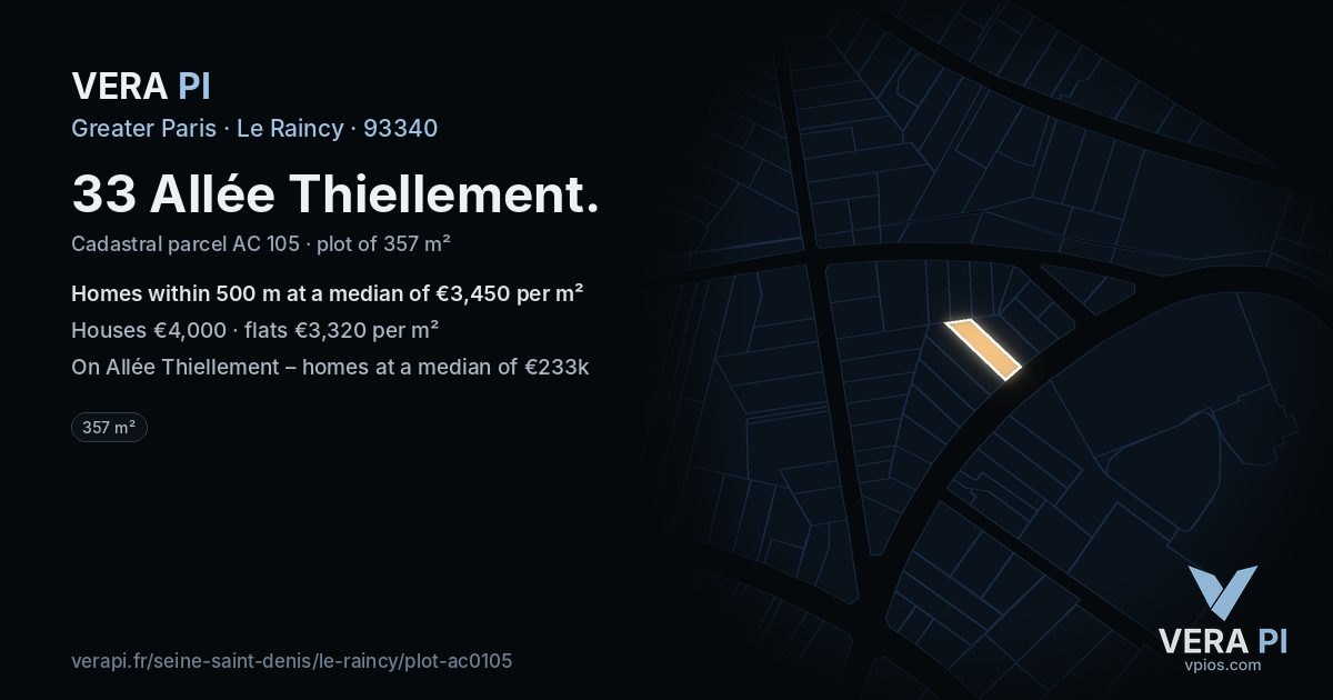33 Allée Thiellement, Le Raincy at night – the plot lit, the parcels around coloured by the prices near them