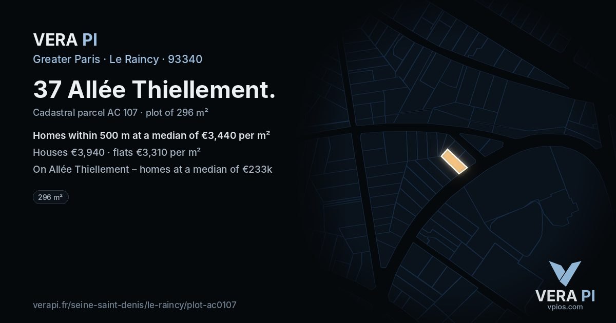 37 Allée Thiellement, Le Raincy at night – the plot lit, the parcels around coloured by the prices near them