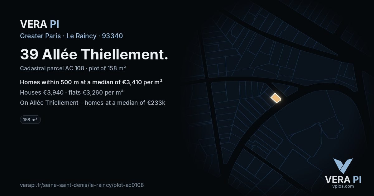 39 Allée Thiellement, Le Raincy at night – the plot lit, the parcels around coloured by the prices near them