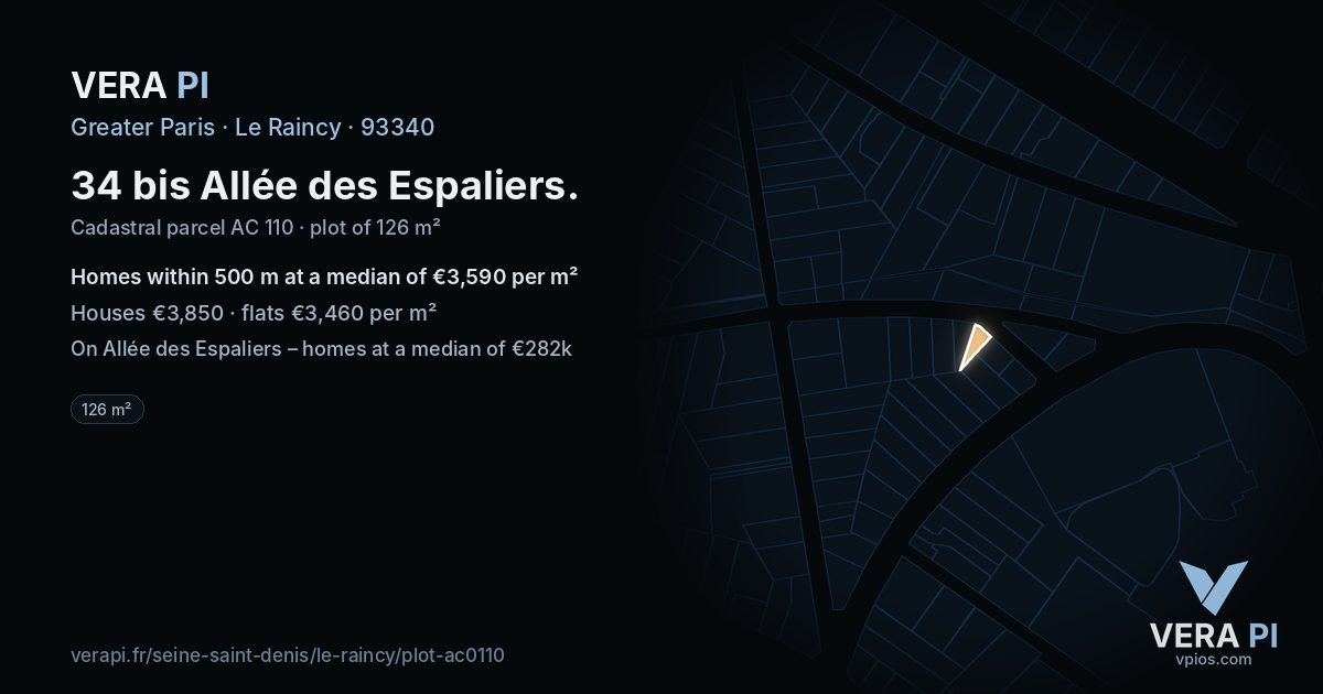 34 bis Allée des Espaliers, Le Raincy at night – the plot lit, the parcels around coloured by the prices near them