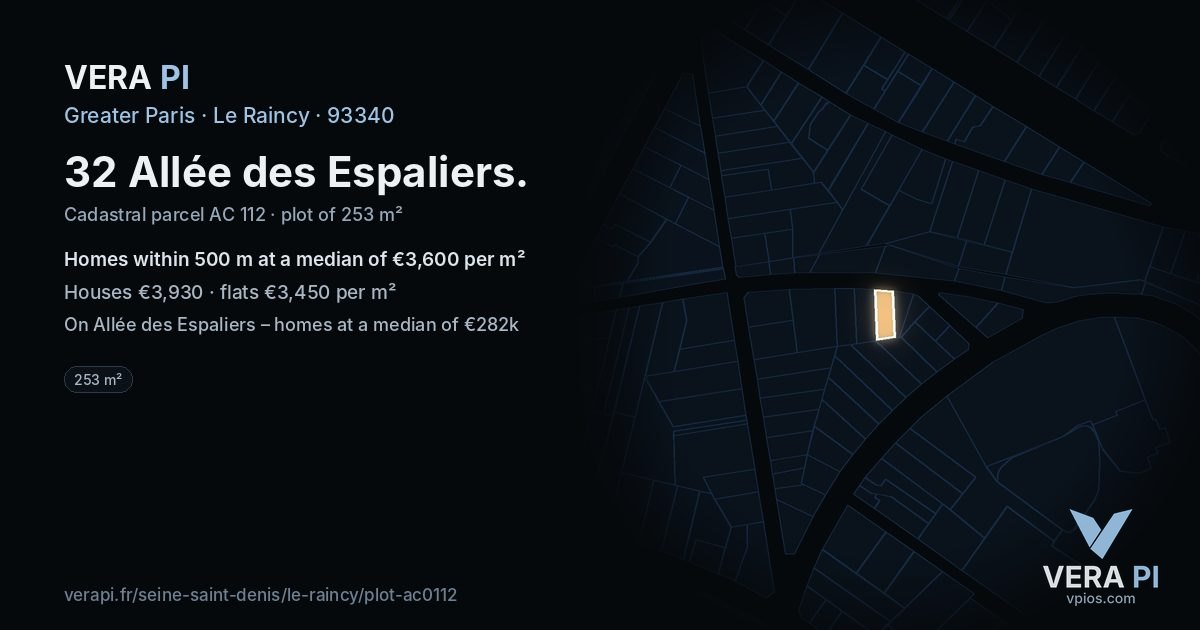 32 Allée des Espaliers, Le Raincy at night – the plot lit, the parcels around coloured by the prices near them