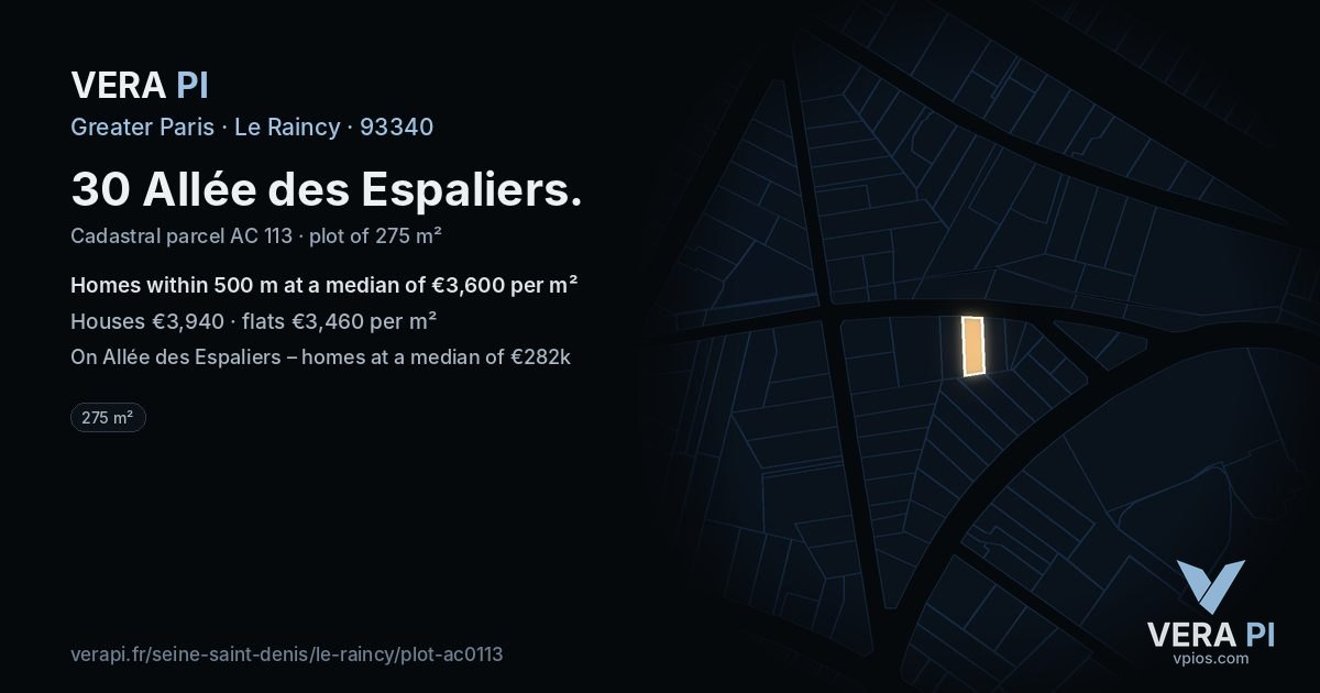 30 Allée des Espaliers, Le Raincy at night – the plot lit, the parcels around coloured by the prices near them