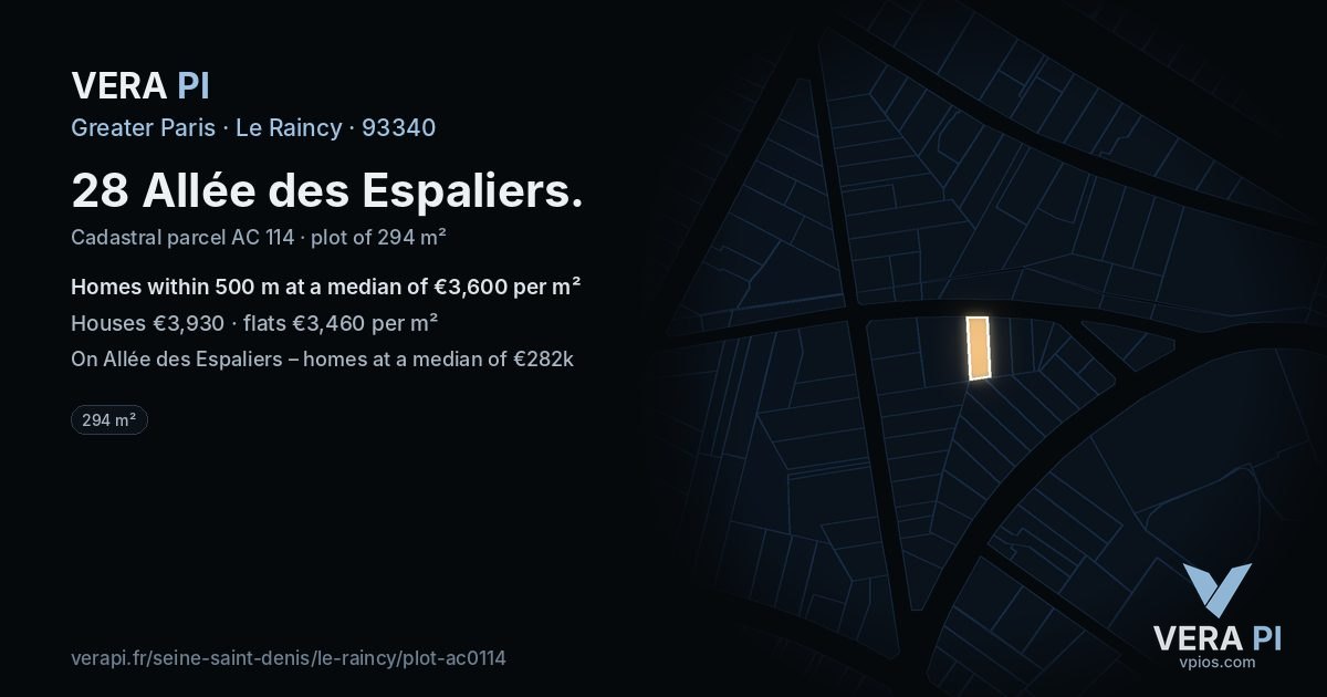 28 Allée des Espaliers, Le Raincy at night – the plot lit, the parcels around coloured by the prices near them