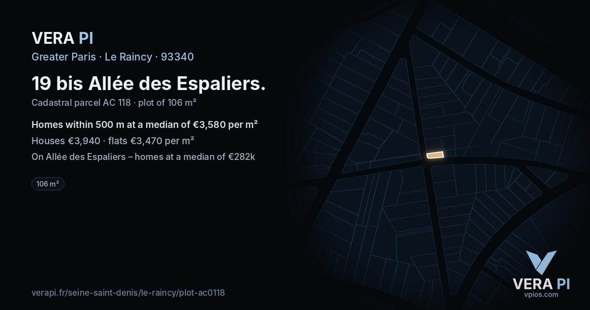 19 bis Allée des Espaliers, Le Raincy at night – the plot lit, the parcels around coloured by the prices near them