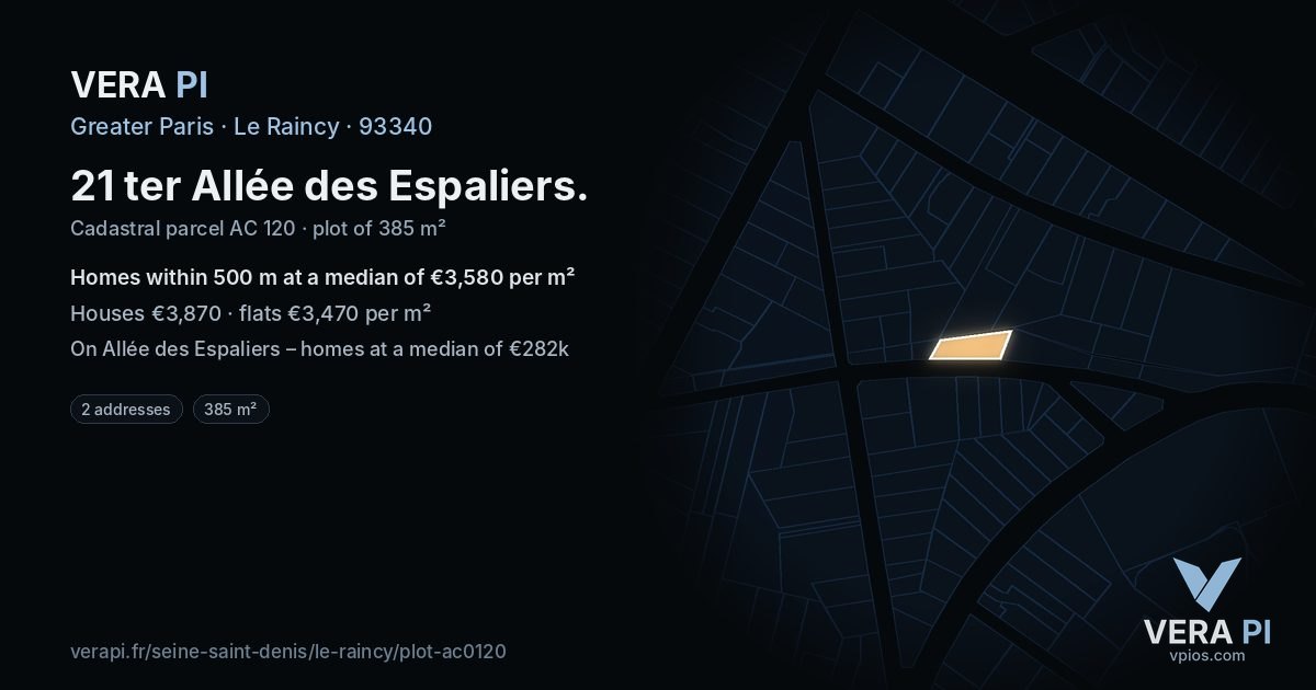 21 ter Allée des Espaliers, Le Raincy at night – the plot lit, the parcels around coloured by the prices near them