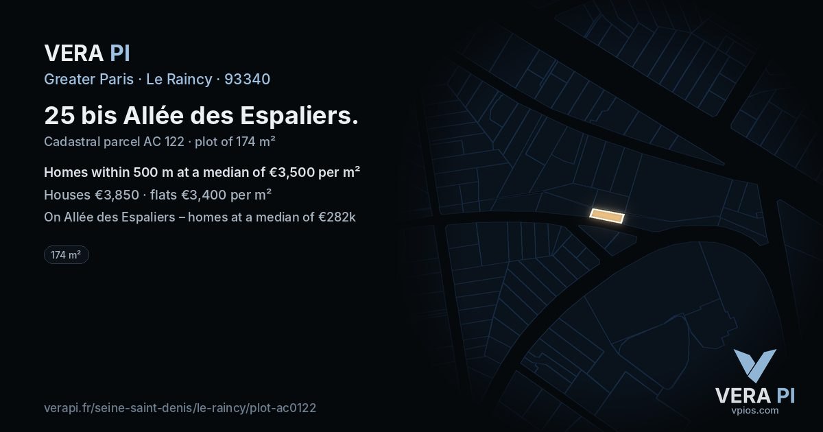 25 bis Allée des Espaliers, Le Raincy at night – the plot lit, the parcels around coloured by the prices near them