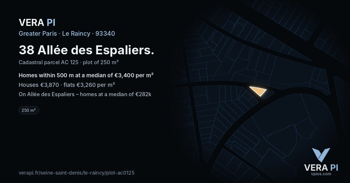 38 Allée des Espaliers, Le Raincy at night – the plot lit, the parcels around coloured by the prices near them