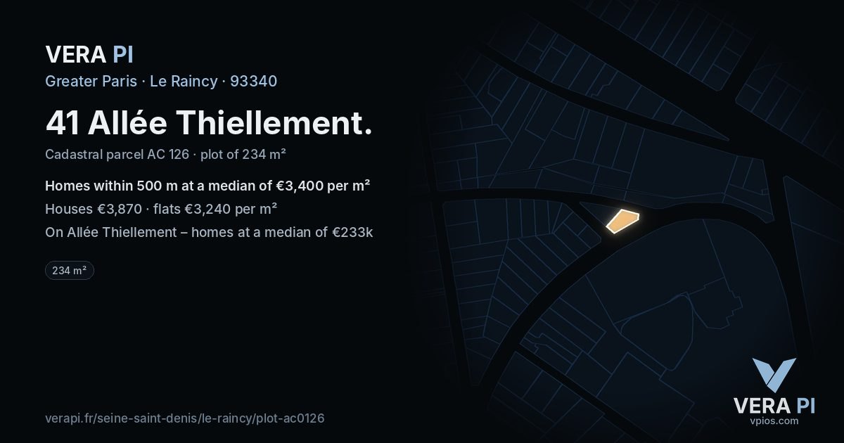 41 Allée Thiellement, Le Raincy at night – the plot lit, the parcels around coloured by the prices near them