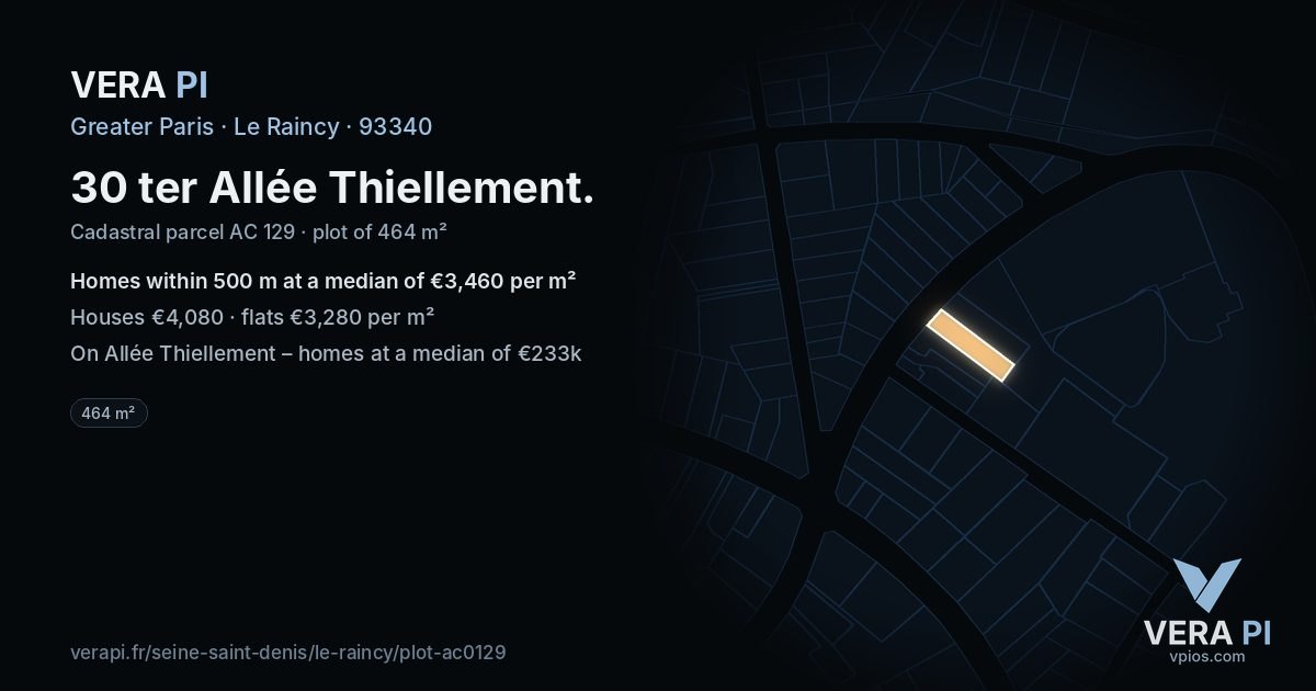 30 ter Allée Thiellement, Le Raincy at night – the plot lit, the parcels around coloured by the prices near them