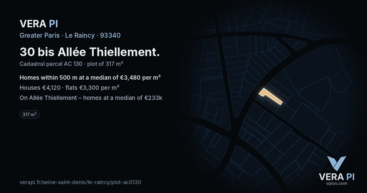 30 bis Allée Thiellement, Le Raincy at night – the plot lit, the parcels around coloured by the prices near them