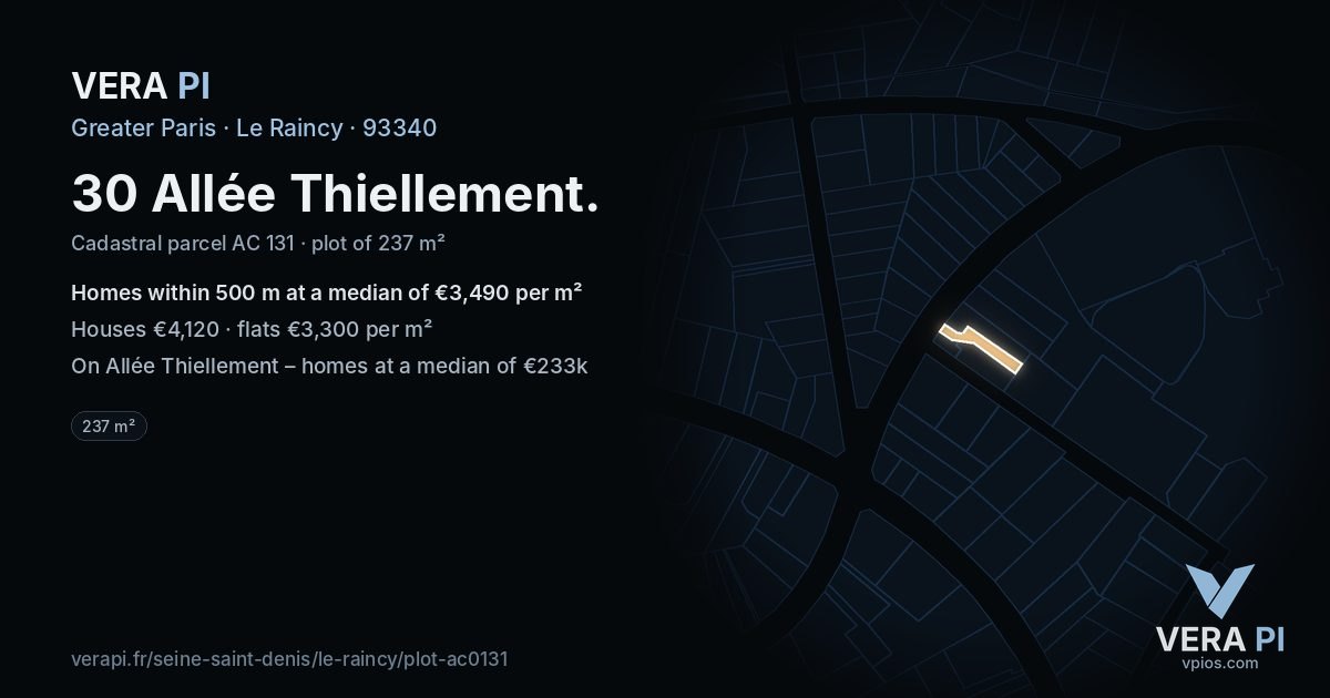30 Allée Thiellement, Le Raincy at night – the plot lit, the parcels around coloured by the prices near them
