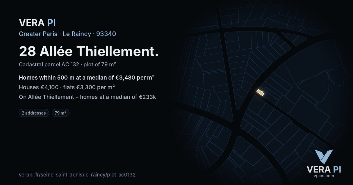 28 Allée Thiellement, Le Raincy at night – the plot lit, the parcels around coloured by the prices near them