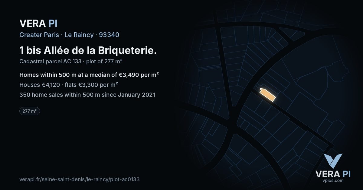 1 bis Allée de la Briqueterie, Le Raincy at night – the plot lit, the parcels around coloured by the prices near them