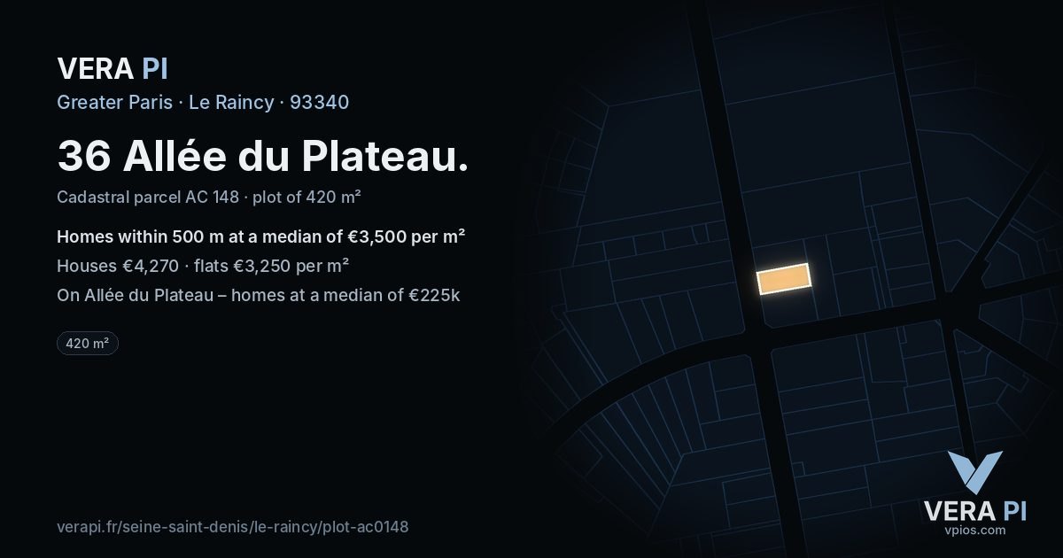 36 Allée du Plateau, Le Raincy at night – the plot lit, the parcels around coloured by the prices near them