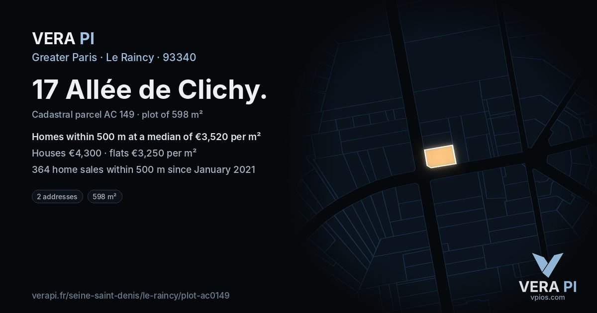 17 Allée de Clichy, Le Raincy at night – the plot lit, the parcels around coloured by the prices near them