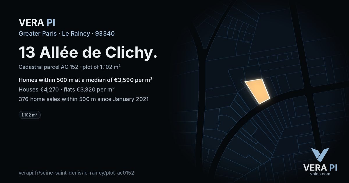 13 Allée de Clichy, Le Raincy at night – the plot lit, the parcels around coloured by the prices near them