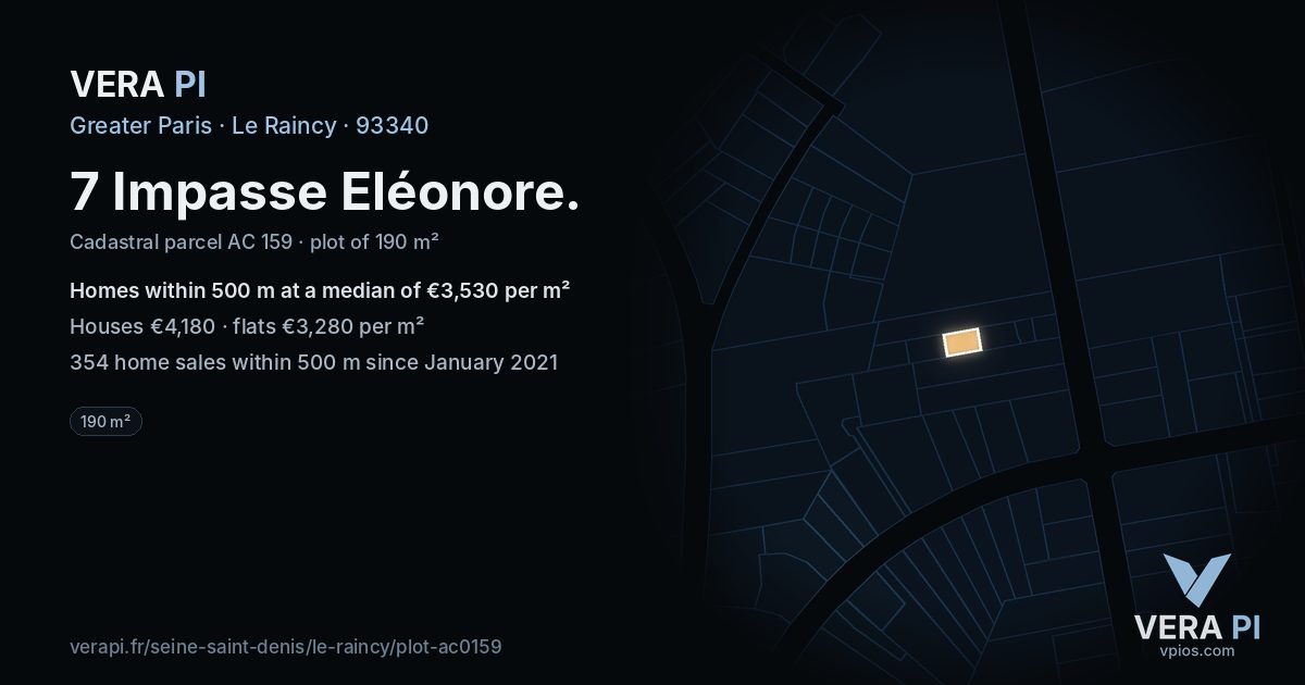 7 Impasse Eléonore, Le Raincy at night – the plot lit, the parcels around coloured by the prices near them