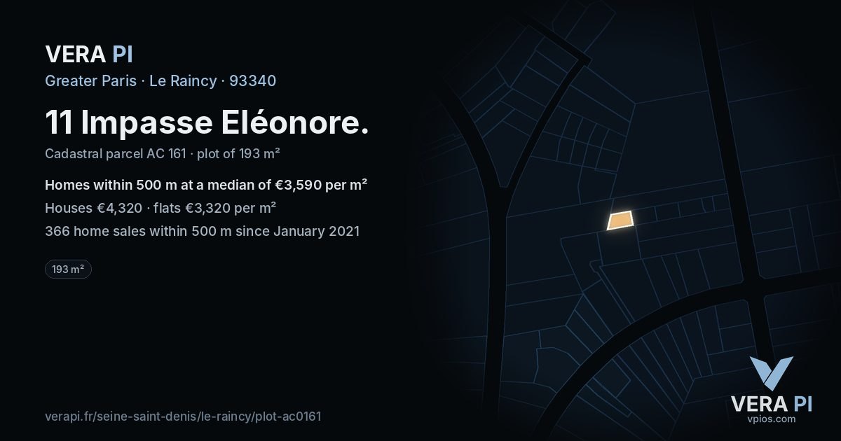 11 Impasse Eléonore, Le Raincy at night – the plot lit, the parcels around coloured by the prices near them