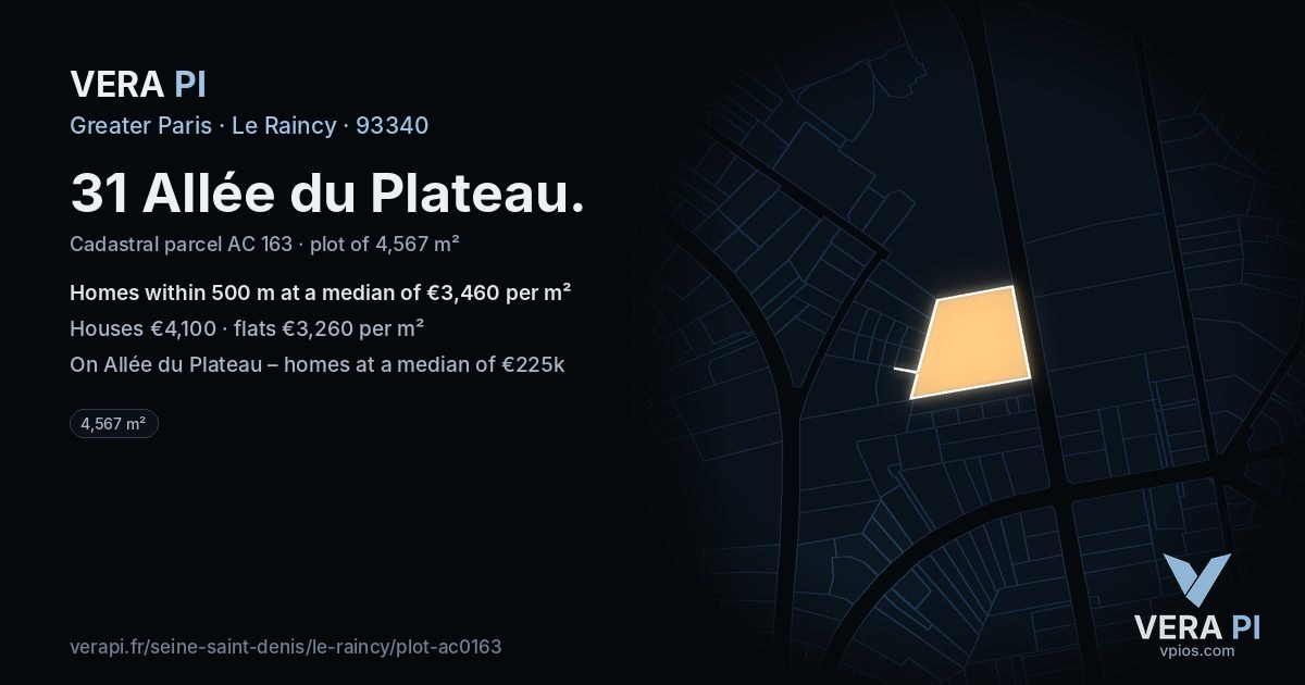 31 Allée du Plateau, Le Raincy at night – the plot lit, the parcels around coloured by the prices near them