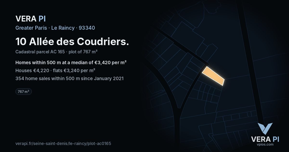10 Allée des Coudriers, Le Raincy at night – the plot lit, the parcels around coloured by the prices near them