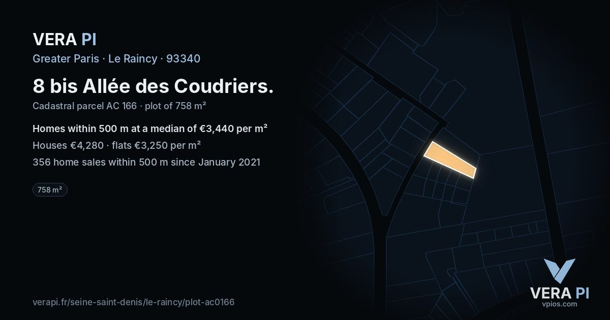 8 bis Allée des Coudriers, Le Raincy at night – the plot lit, the parcels around coloured by the prices near them