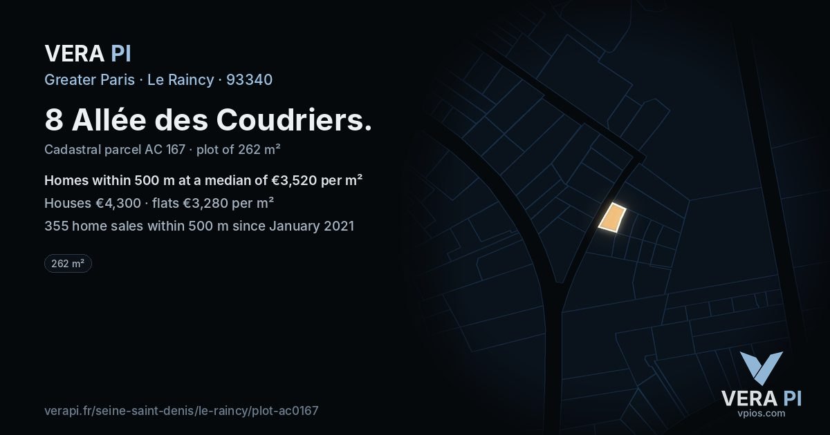 8 Allée des Coudriers, Le Raincy at night – the plot lit, the parcels around coloured by the prices near them