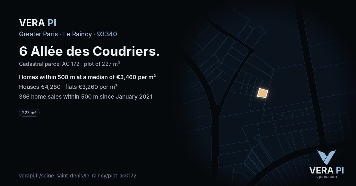 6 Allée des Coudriers, Le Raincy at night – the plot lit, the parcels around coloured by the prices near them
