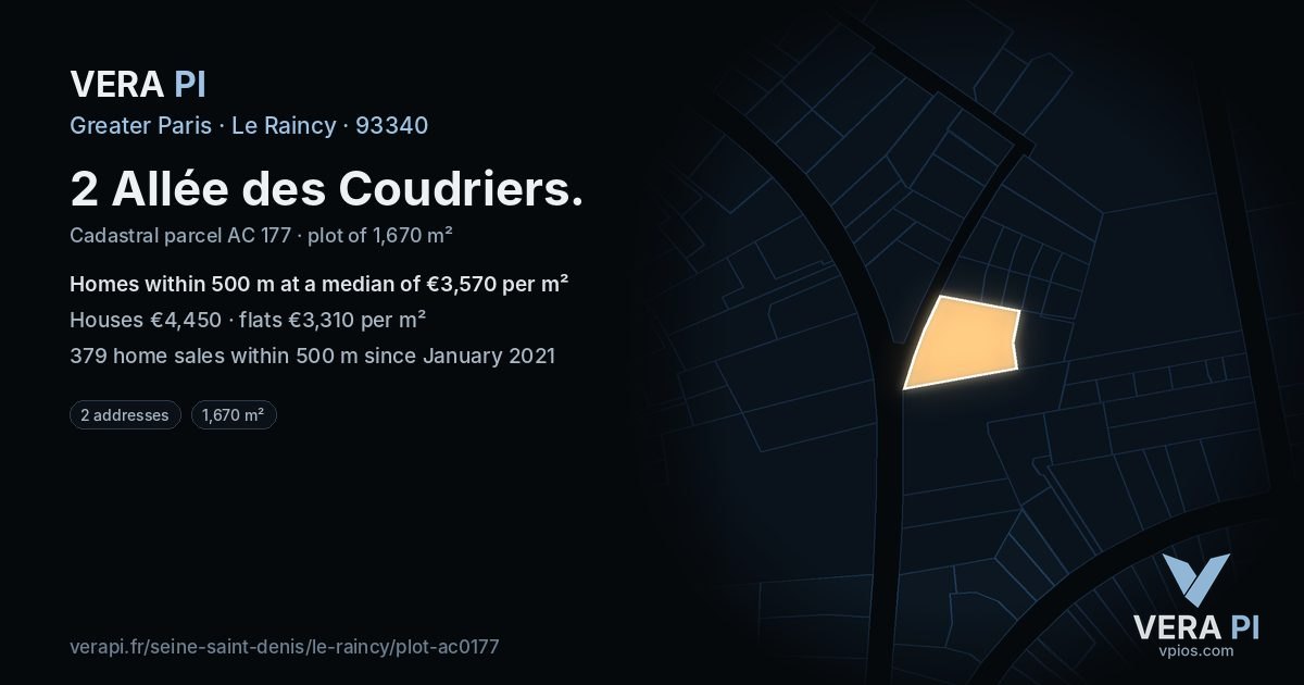 2 Allée des Coudriers, Le Raincy at night – the plot lit, the parcels around coloured by the prices near them