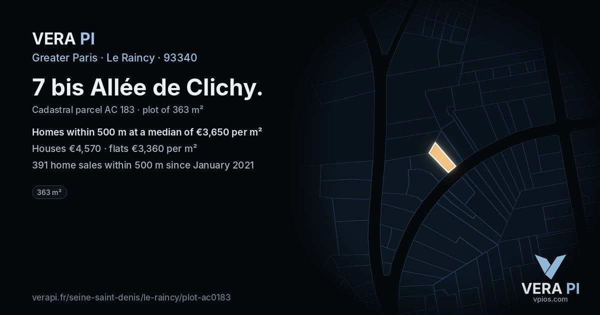 7 bis Allée de Clichy, Le Raincy at night – the plot lit, the parcels around coloured by the prices near them