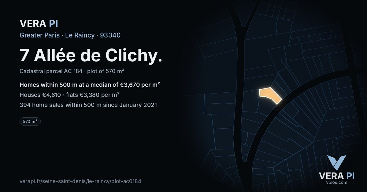 7 Allée de Clichy, Le Raincy at night – the plot lit, the parcels around coloured by the prices near them