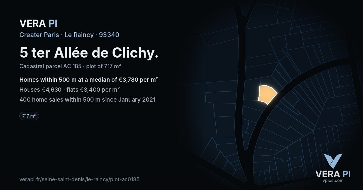 5 ter Allée de Clichy, Le Raincy at night – the plot lit, the parcels around coloured by the prices near them