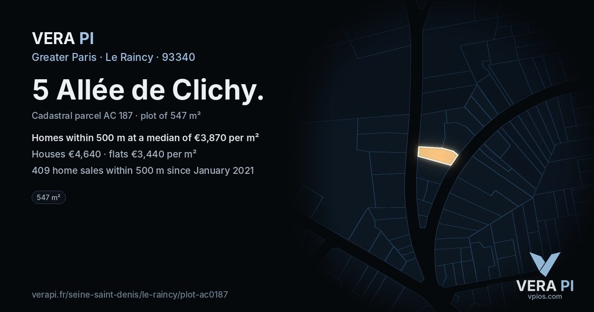 5 Allée de Clichy, Le Raincy at night – the plot lit, the parcels around coloured by the prices near them