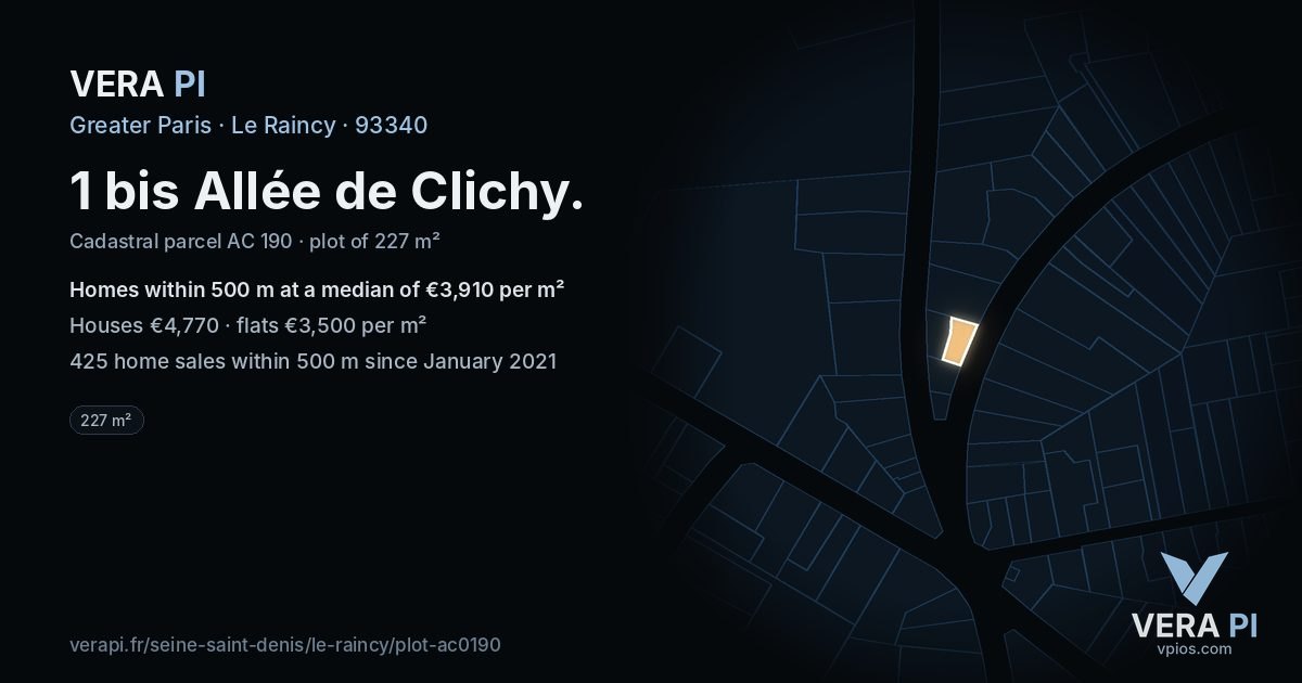 1 bis Allée de Clichy, Le Raincy at night – the plot lit, the parcels around coloured by the prices near them